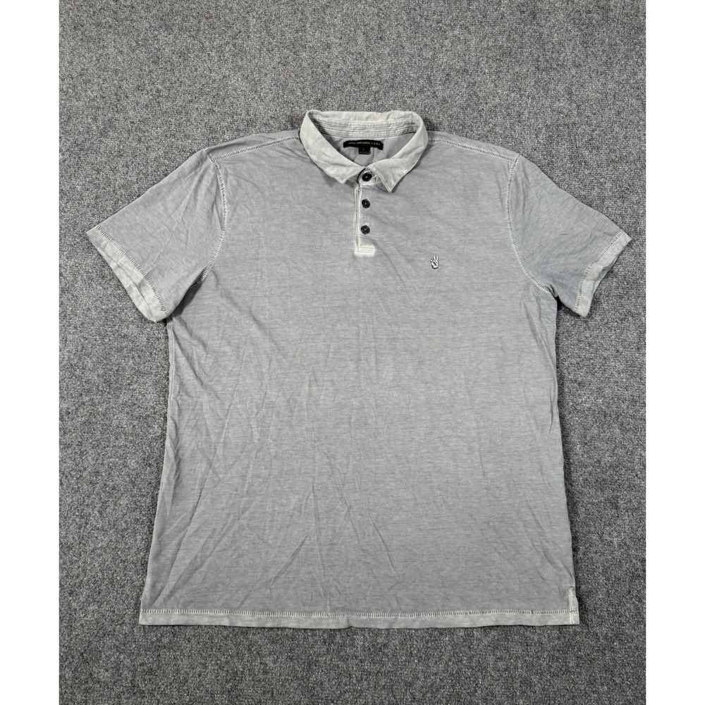 John Varvatos USA Peace Sign Polo Shirt Men's Large Gray Acid Wash Slub Cotton